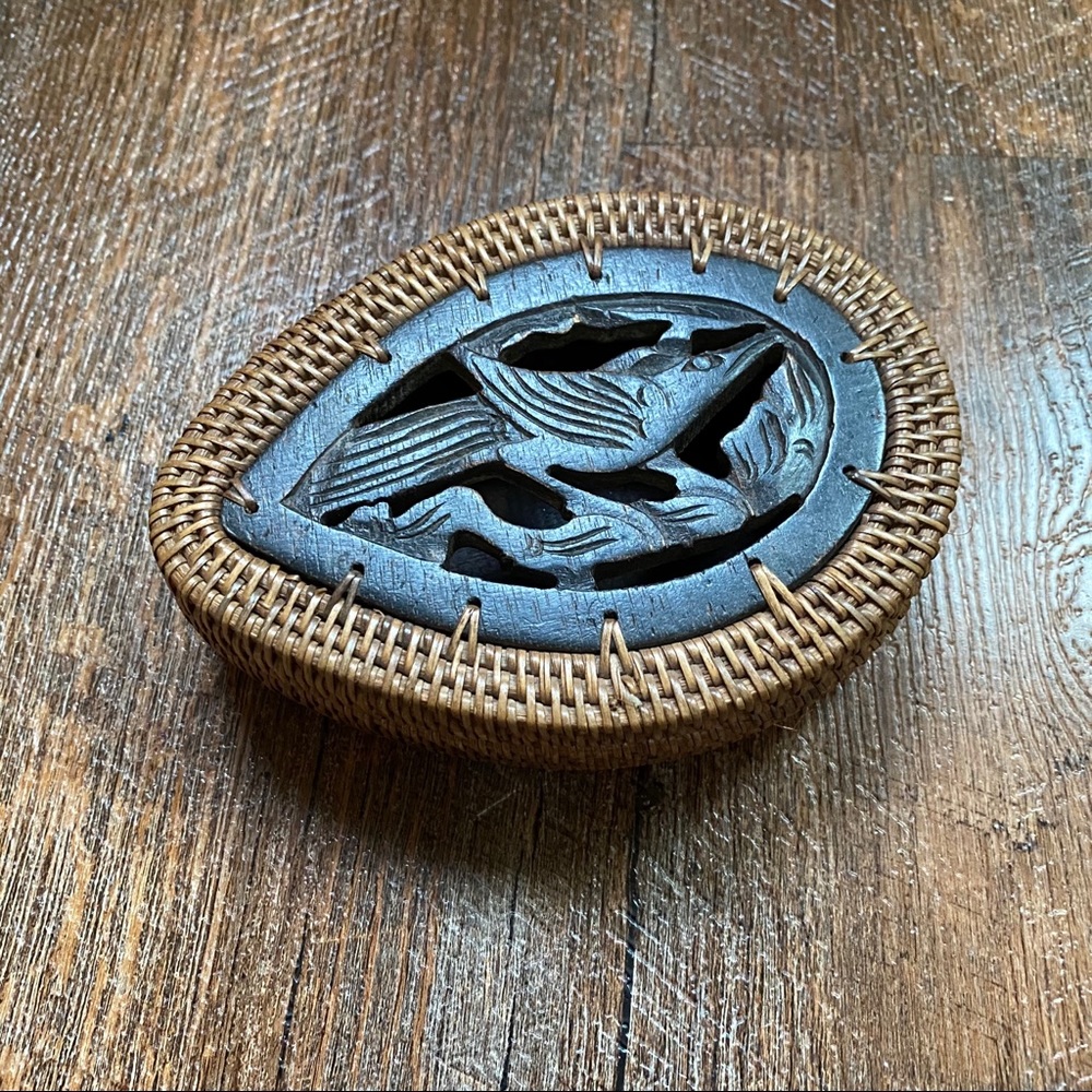 Rattan Jewelry Box with wood sculpted bird